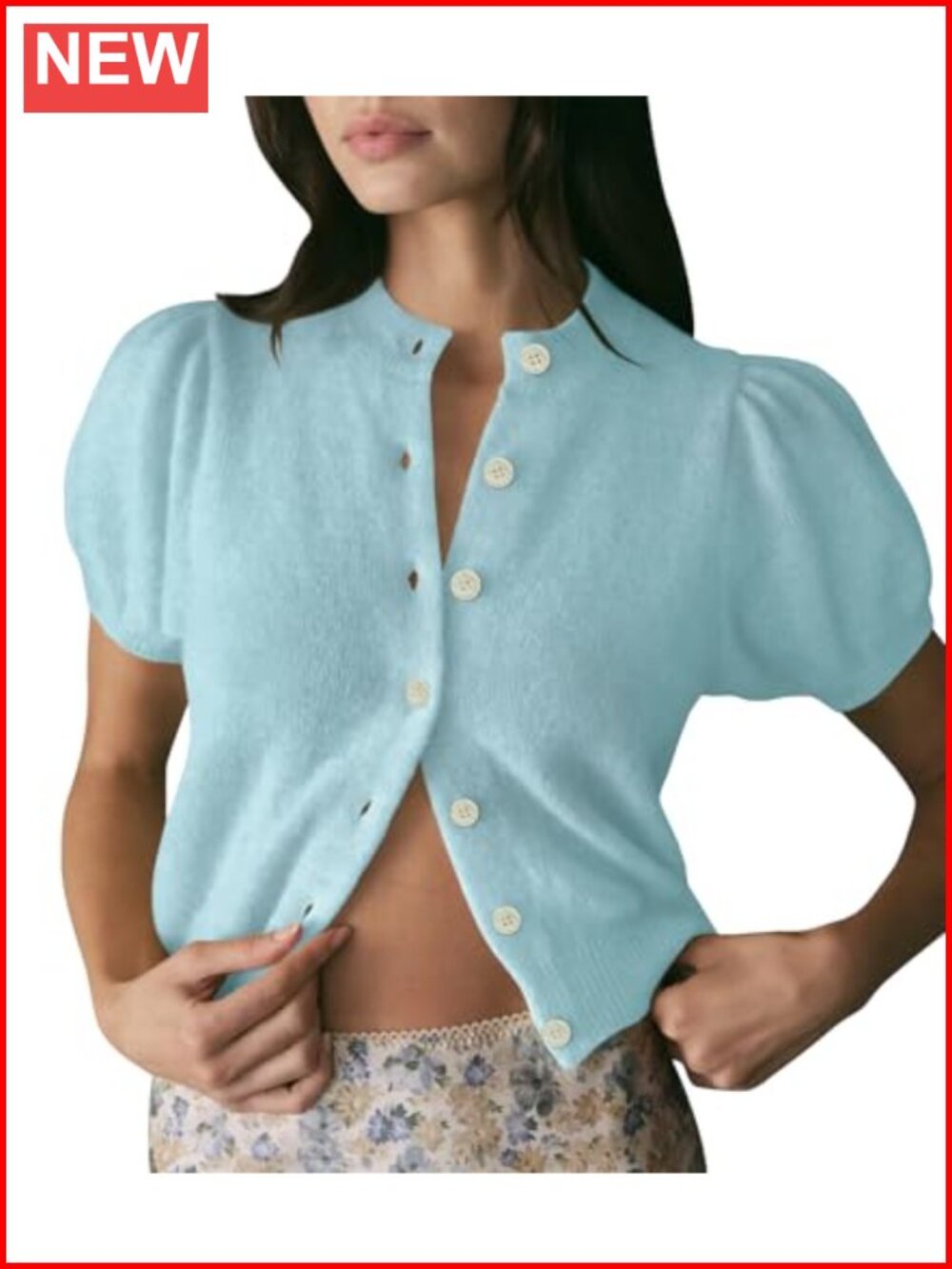 Women's Puff Short Sleeve Cropped Button Up Cardigan Lightweight Knit